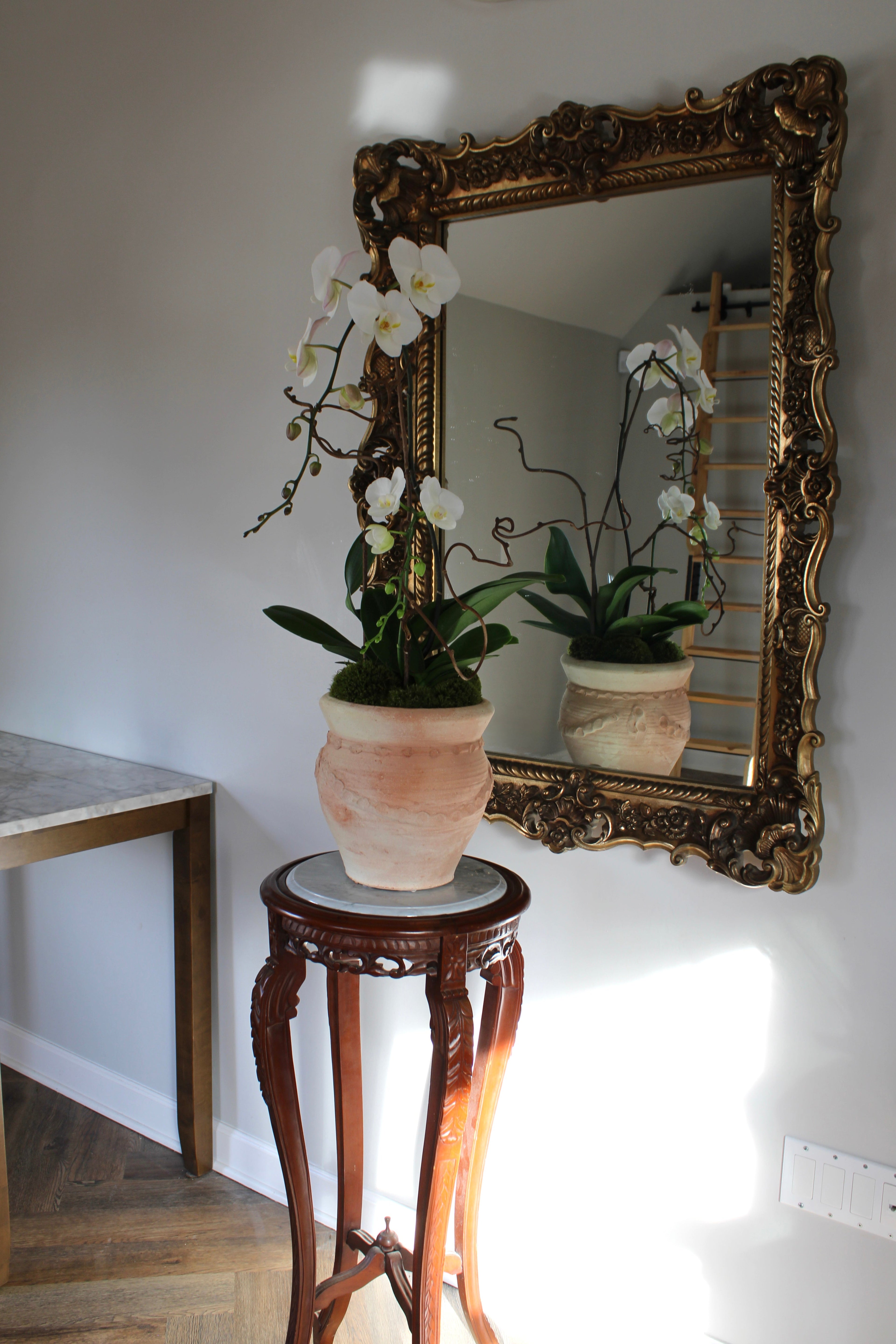 Decorative mirror with gold frame reflecting a plant on a small table against a white wall.